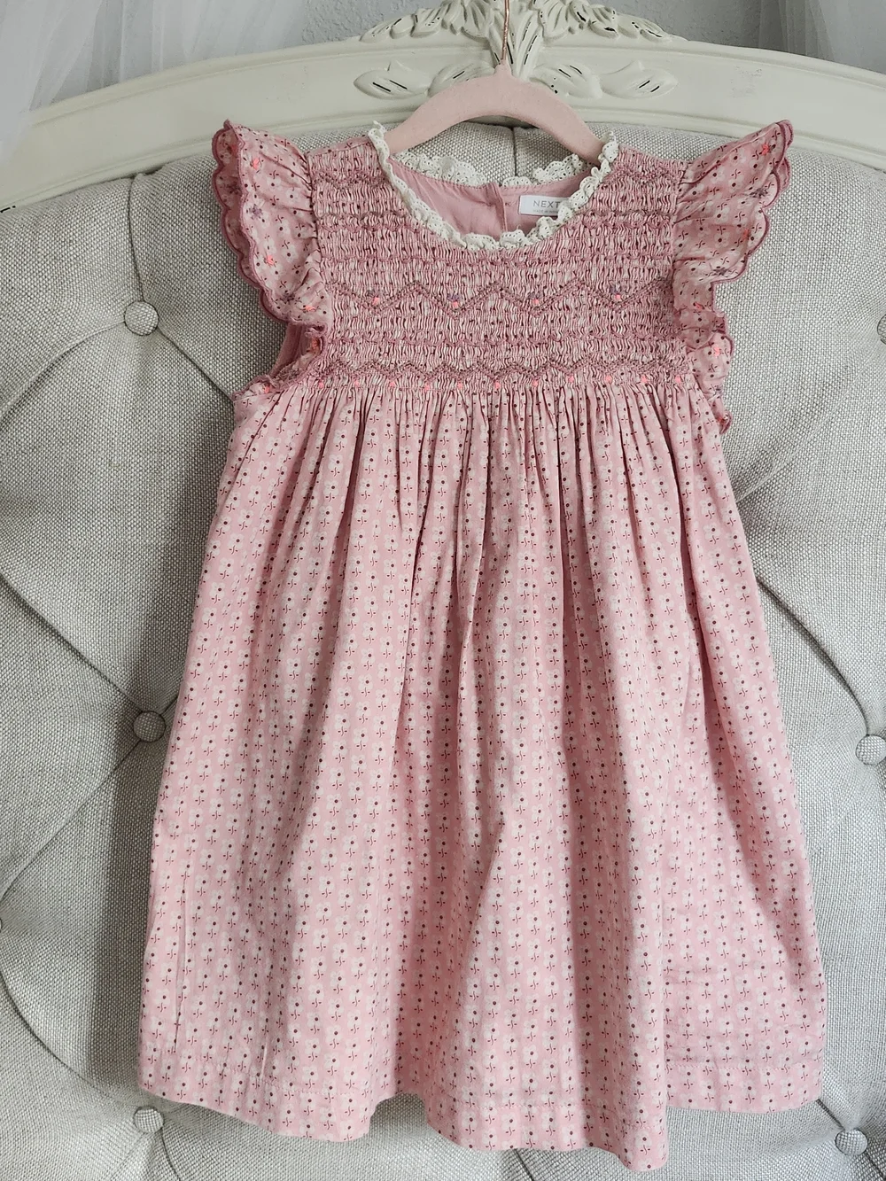 Next Pink Smocked Flutter-Sleeve Floral Dress
